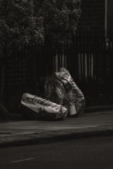 A pair of large black garbage bags and a cardboard box filled with waste sit on the pavement beside a black metal fence, with dense foliage visible behind the fence. The bags appear to be made of heavy-duty plastic, showing some creases and folds, and the cardboard box is partially flattened and marked with black text. The scene is outdoors on a street or driveway, with a curb separating the waste from the road. The lighting is subdued, suggesting an overcast day or shaded area. This image illustrates typical waste materials ready for collection, indicating a private rubbish removal service, such as that provided by [COMPANY_NAME], offering alternative disposal options outside standard municipal collection. The arrangement of the waste on the pavement emphasizes the importance of proper disposal in a residential or commercial setting, supporting professional rubbish clearance and responsible waste handling, including potentially on-site or independent collection methods.